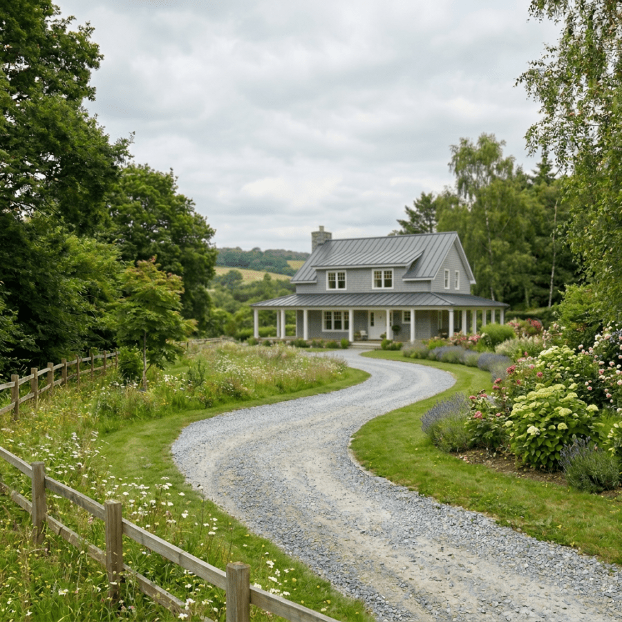 Two-story grey house with white trim, garden, and gravel driveway in countryside