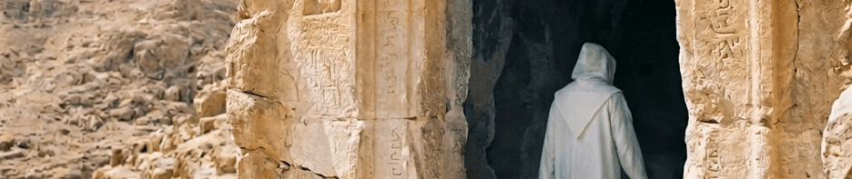 A monk dressed in a brown robe standing at the entrance of an ancient stone cave with inscriptions on the archway.