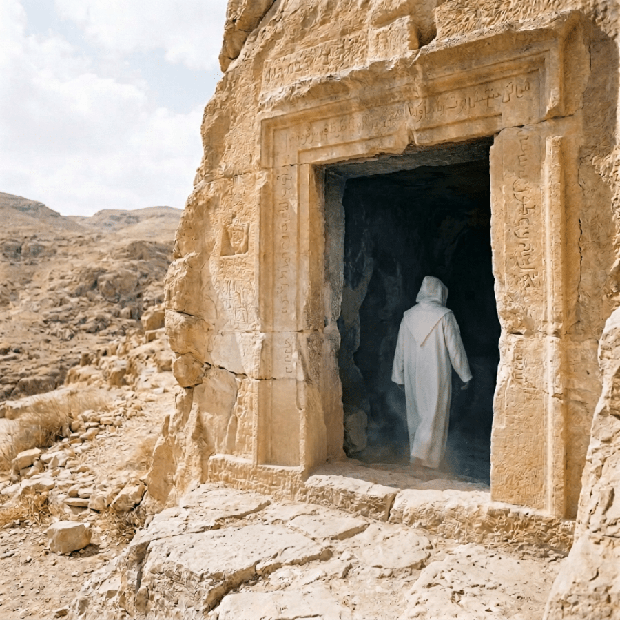 A monk dressed in a brown robe standing at the entrance of an ancient stone cave with inscriptions on the archway.