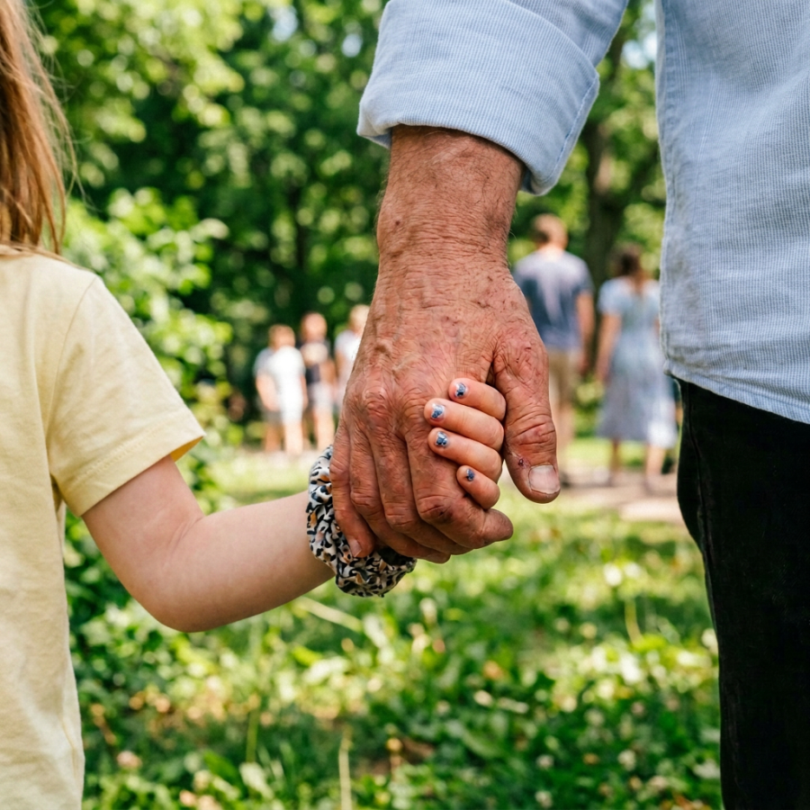 Child and adult holding hands outdoors on a leaf-covered path