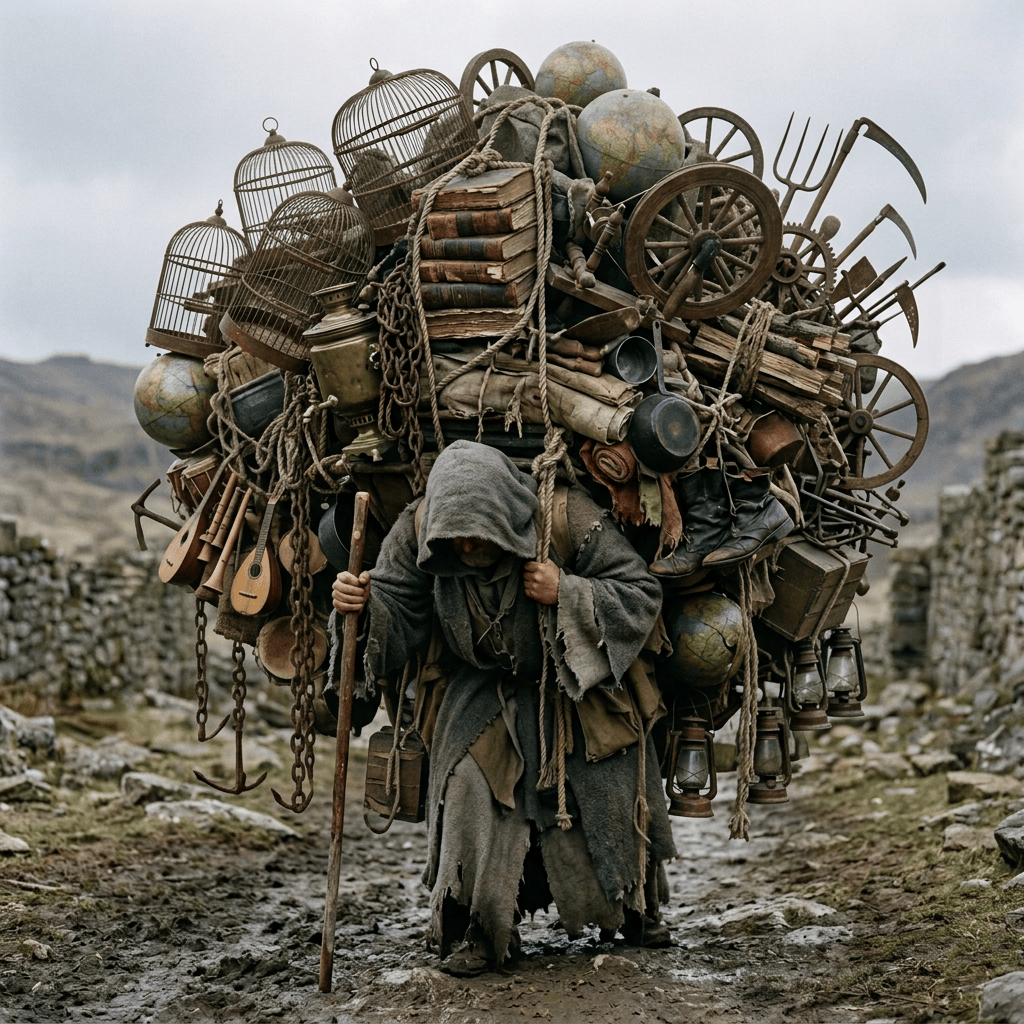 Hooded traveler carrying books and curiosities through a rocky mountain pass