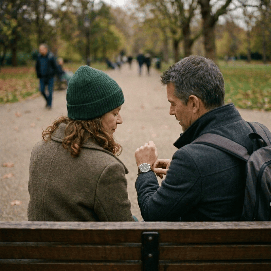 Couple checking a wristwatch together on a park bench