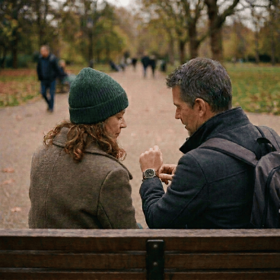 Couple checking a wristwatch together on a park bench