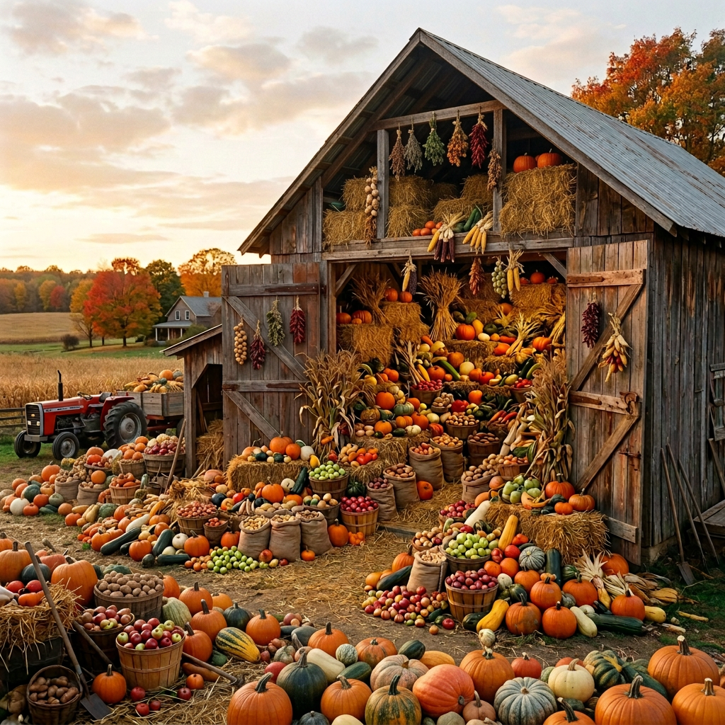 OakHaven Farm barn filled with pumpkins, produce, and hay at harvest time