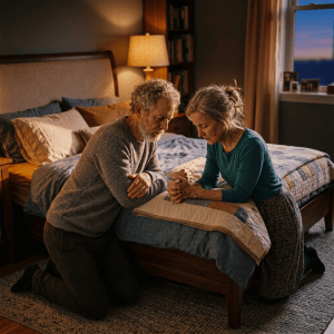 Couple kneeling beside a bed and holding hands in a softly lit bedroom