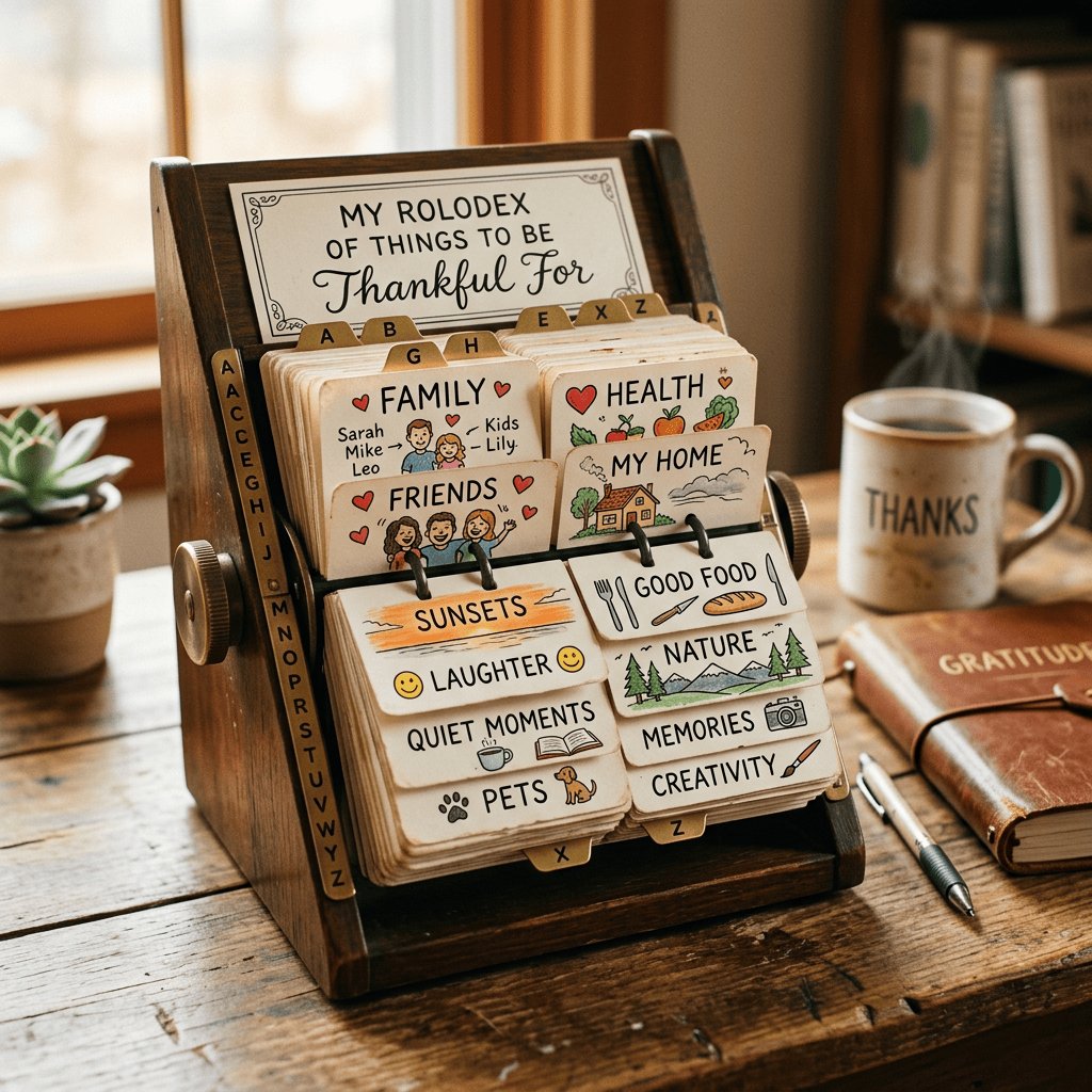 Gratitude Rolodex labeled family, health, friends, home, food, nature, and memories