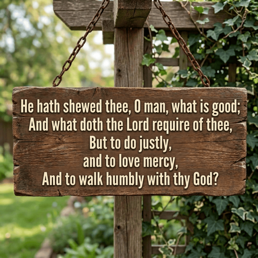 Wooden sign reading, “He hath shewed thee, O man, what is good; and what doth the Lord require of thee, but to do justly, and to love mercy, and to walk humbly with thy God?”