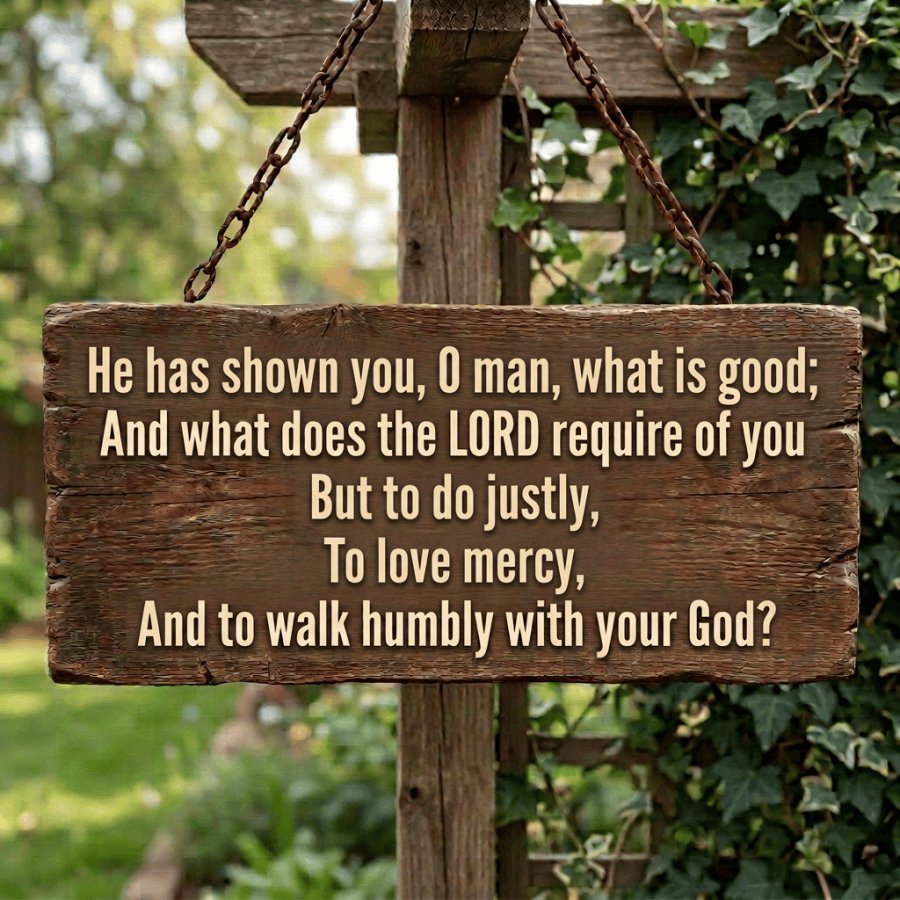 Wooden sign reading, “He hath shewed thee, O man, what is good; and what doth the Lord require of thee, but to do justly, and to love mercy, and to walk humbly with thy God?”