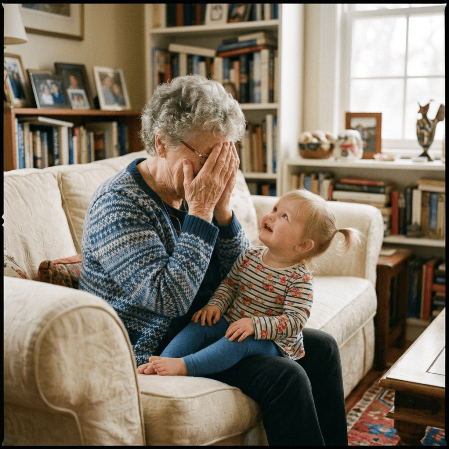 Grandmother covers her face while a child looks up at her