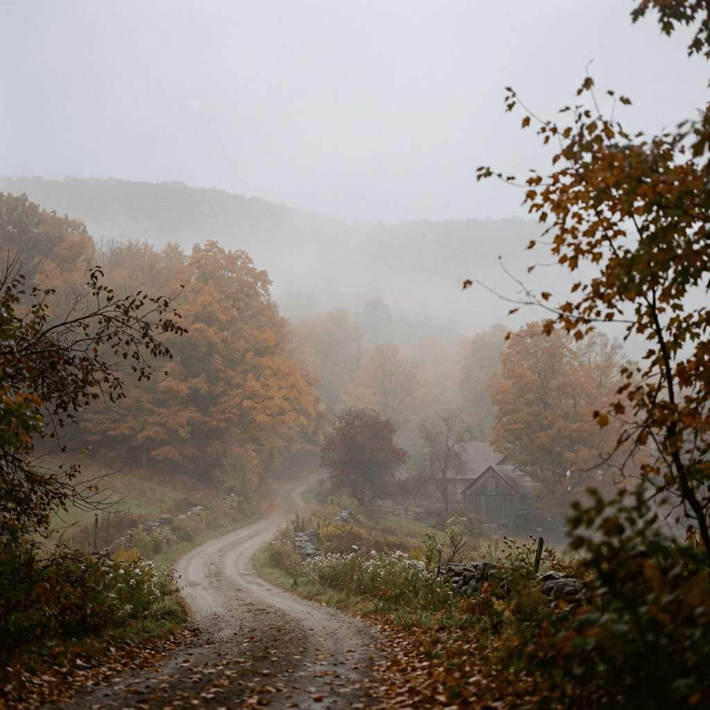 Fall landscape veiled in light mist